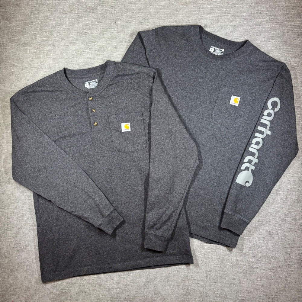 Carhartt Mens Long Sleeve Shirt Bundle Henley & Graphic Pocket Tee‎ Gray M 2pc
